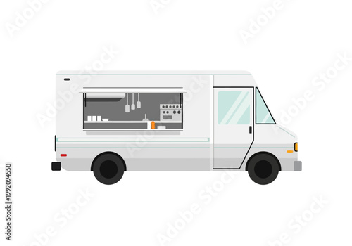 An illustration of a food truck driving on the road outdoors