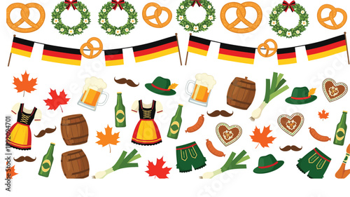 Oktoberfest Seamless Pattern with Beer Mug, Pretzel, Sausage, Hat, Barrel, Wreath, and German Flag Elements for Festive Background Design