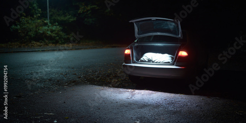 Car trunk open with person inside at night