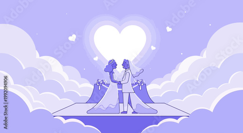 Couple Holding Hands in Wedding Attire Under Giant Heart Cloud