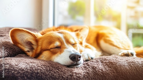 Cute Corgi dog sleeping on plush velvet bed indoors
