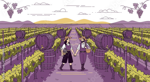 Couple Holding Hands in Vineyard, Wine Barrels, Harvest Season
