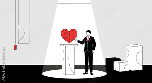 Man in suit admires abstract geometric heart sculpture in modern art gallery spotlight