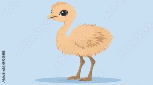 A cartoon depiction of a bird with light brown plumage, standing on a light blue background