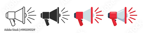 Set of megaphone icons. Loudspeaker black line and colors flat icons. Vector