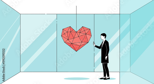 Man in suit admires large geometric heart sculpture in modern gallery