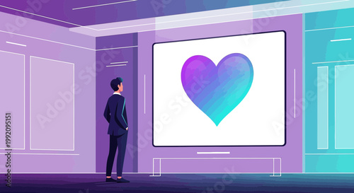 Man in suit admires glowing abstract heart art in modern gallery