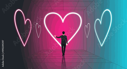 Man in Suit Enters Glowing Heart Tunnel, Digital Love, Virtual Romance, Abstract Background