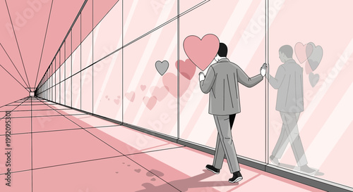 Man in suit walks down modern hallway with floating hearts and reflection