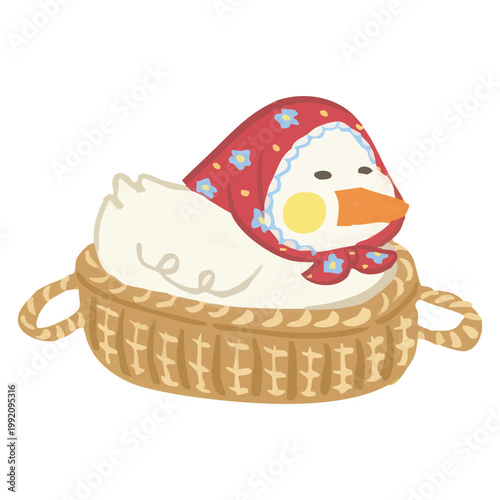 Cute cartoon duck in a woven wicker basket wearing red floral bandanna