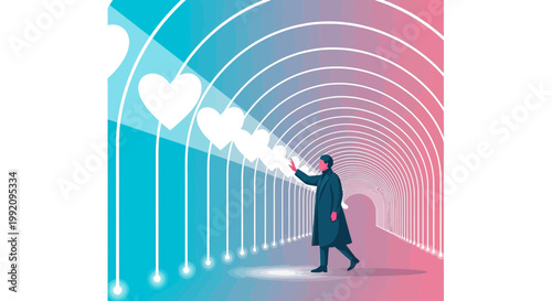 Man in Tunnel of Hearts, Love Connection, Digital Romance, Futuristic Relationship