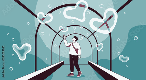 Man in Tunnel with Floating Abstract Heart Bubbles, Surreal Concept