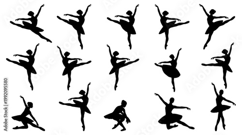 Fényképezés Elegant collection of black vector silhouettes featuring diverse ballet dancers