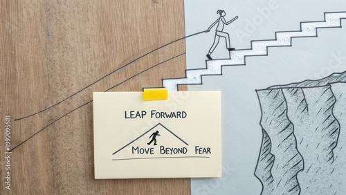 Drawn person climbing paper steps over a cliffs gap