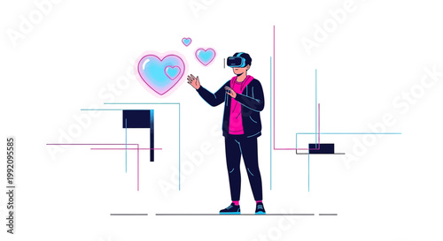 Man in VR headset interacting with glowing hearts in abstract digital space