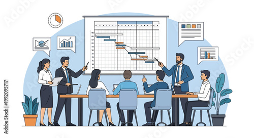 Business team discusses project timeline in office while observing charts on screen