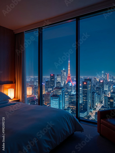 Urban night skyline view from luxury bedroom interior