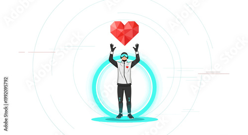 Man in VR headset reaching for glowing geometric heart, futuristic technology concept