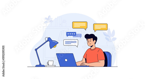 Young man works on laptop at home with chat bubbles on screen in a casual work setting in the afternoon