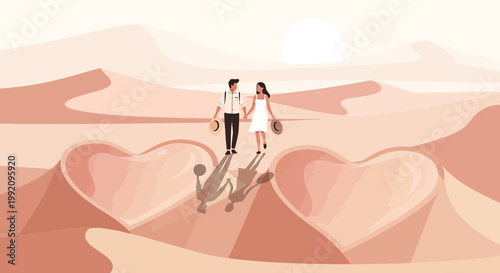 Couple holding hands in desert with heart shapes in sand dunes, romantic illustration