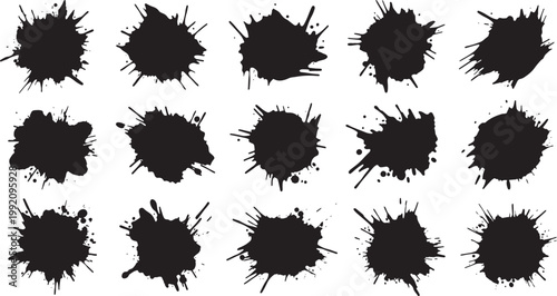 Ink splatter stain set with abstract black paint splash texture elements