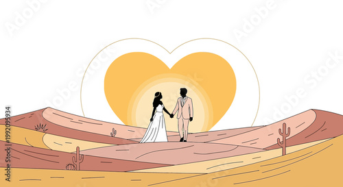 Couple Holding Hands in Desert Sunrise, Wedding Heart Symbol