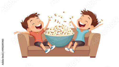 Two cartoon children happily sitting on a couch throwing popcorn in the air