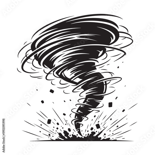 Black and white tornado vector illustration of a powerful twister with debris for weather disaster and insurance concepts