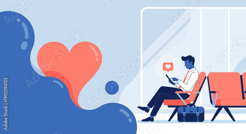 Man in waiting room using phone, heart icon notification, modern abstract design