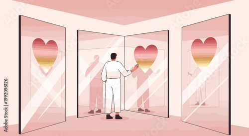 Man in white suit touches mirror reflecting gradient heart, symbolizing self-love and introspection