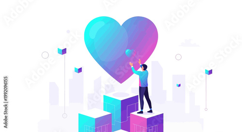 Man Interacting with a Digital Heart, Futuristic Cityscape, Abstract Geometric Design
