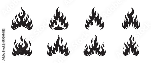 Black fire flame icon set with different burning shapes and silhouettes