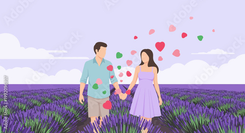 Couple Holding Hands in Lavender Field with Floating Hearts Illustration