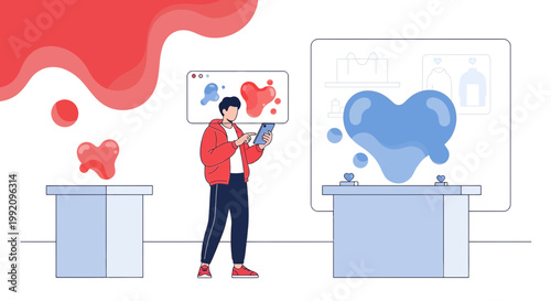 Man Interacting with Digital Art: Abstract Heart Shapes in Modern Display