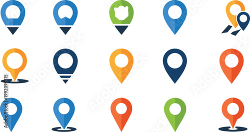 Colorful Map Location Pin Icon Set with GPS Navigation Markers and Place Indicators for Travel Apps Websites and User Interface Design