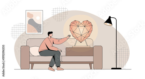 Man Interacting with Digital Geometric Heart Hologram in Modern Living Room