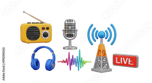 Vector illustration of 3d icons of radio broadcasting equipment and live streaming elements on a transparent background