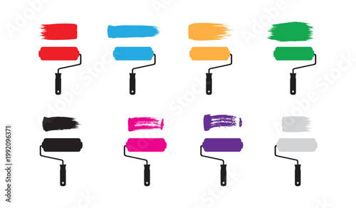 Paint roller brush stroke set with colorful wall painting design elements