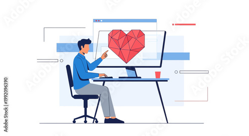 Man Interacting with Digital Geometric Heart on Computer Screen, Technology and Love Concept
