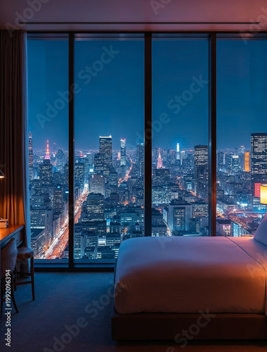 Urban night skyline view from luxury bedroom interior