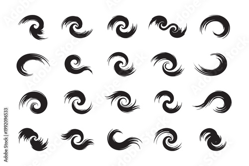 Abstract swirl brush stroke elements set with dynamic circular paint shapes