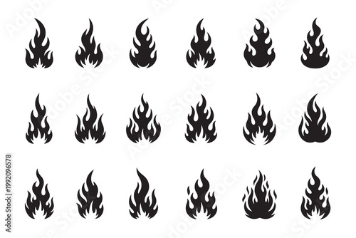 Fire flame silhouette icon set with various burning shapes and styles
