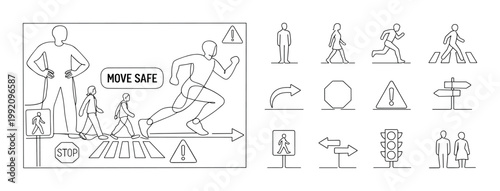 Set of line art icons for pedestrian safety and traffic symbols