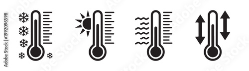 Set of four thermometers representing cold hot rainy and fluctuating temperatures with icons.
