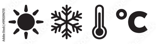 Sun snowflake thermometer and temperature icon isolated on transparent background vector.