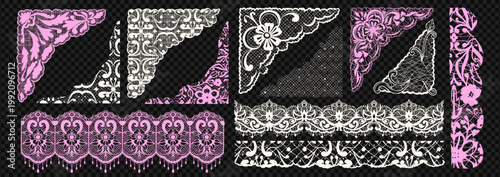 Lace frame trim with border vintage pattern and victorian whimsical cutout. Collage ornament element with design floral brush and elegant vector strip. Corner drawn lace with hand decorative.