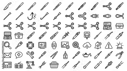 Set of various line art icons illustrating tools and equipment elements