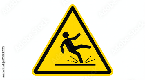 A yellow warning sign with a black border and a person slipping on a surface