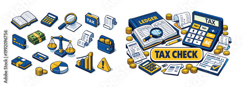 Financial and accounting audit icons with ledger, calculator, and tax documents