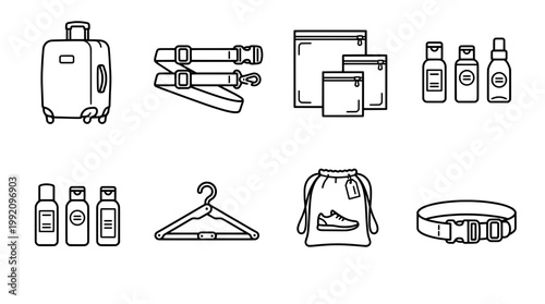 Travel essentials icon set suitcase bags accessories for journeys